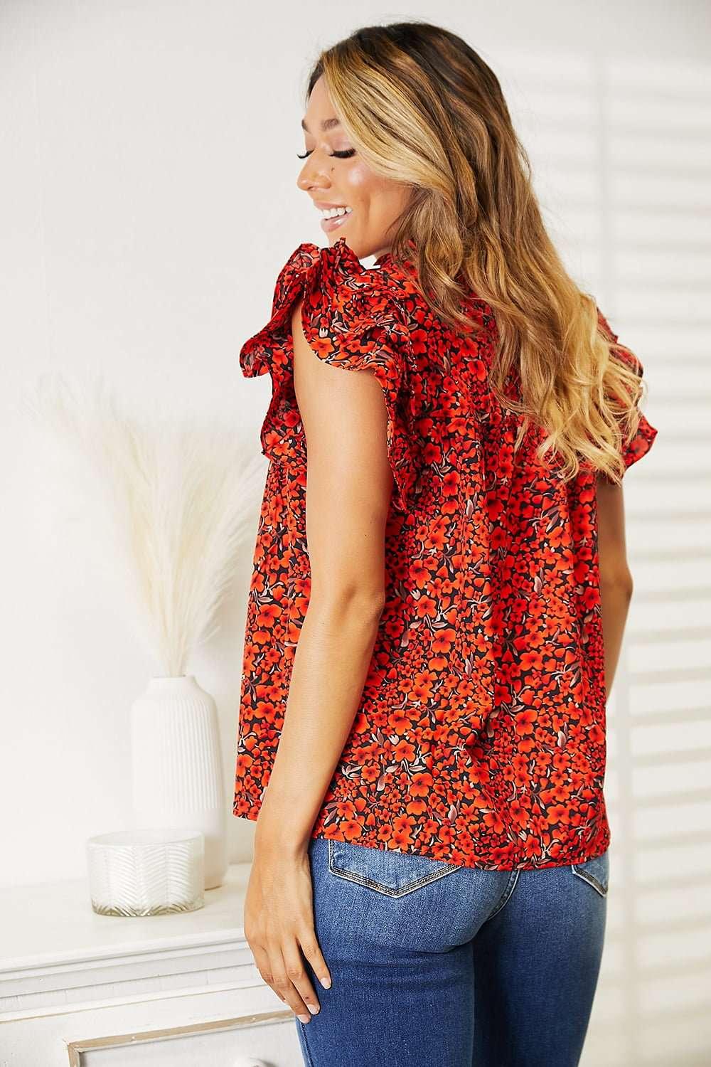 Double Take Floral Flutter Sleeve Notched Neck Blouse - VILLA FASHION