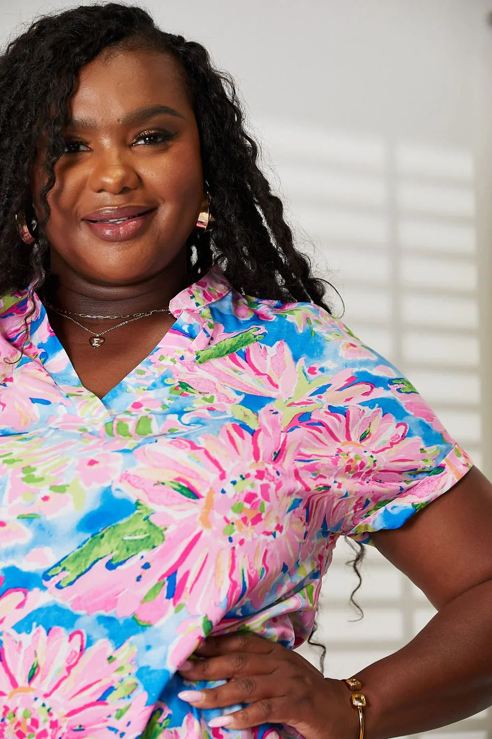 Double Take Floral Notched Neck Short Sleeve Top - VILLA FASHION