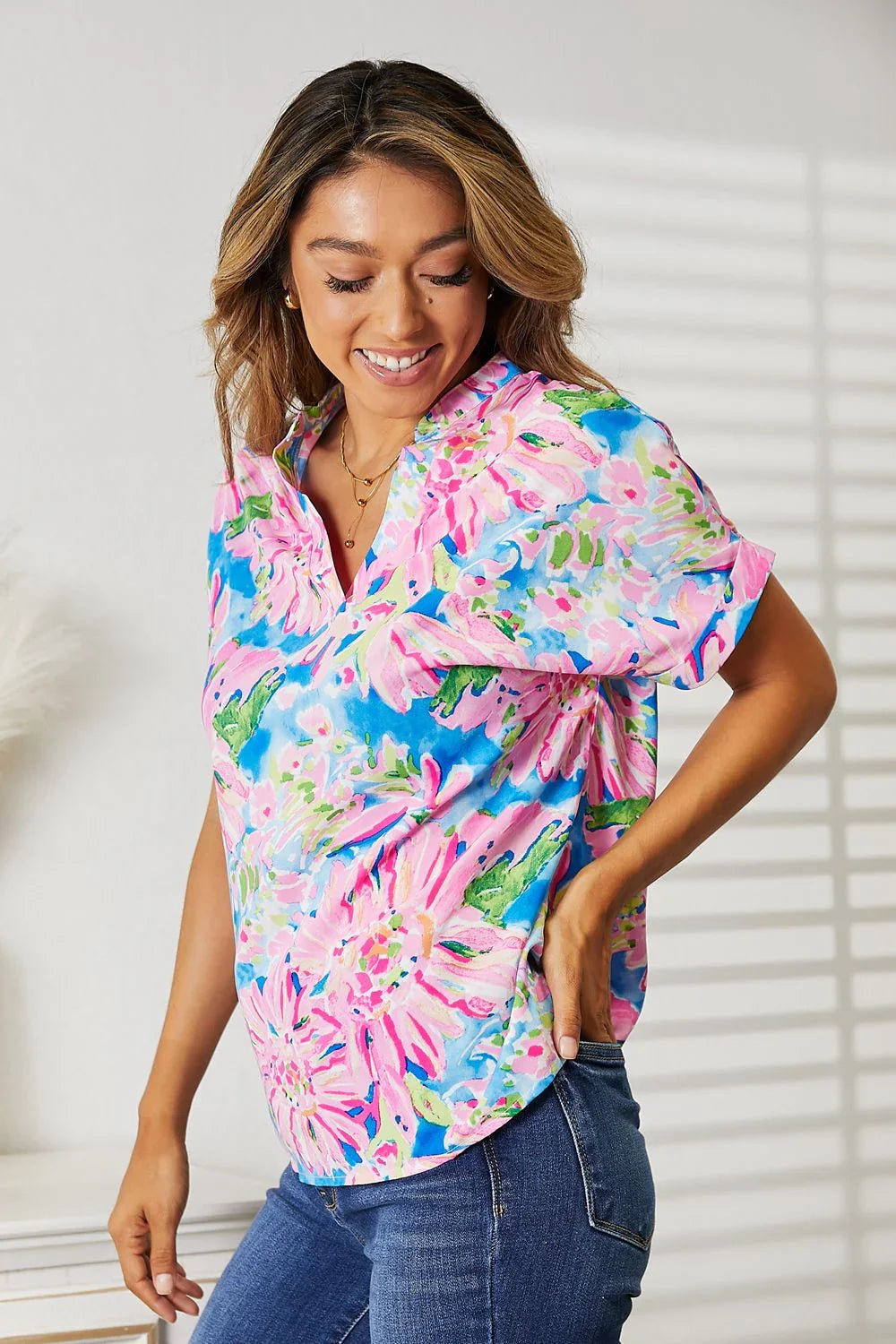 Double Take Floral Notched Neck Short Sleeve Top - VILLA FASHION