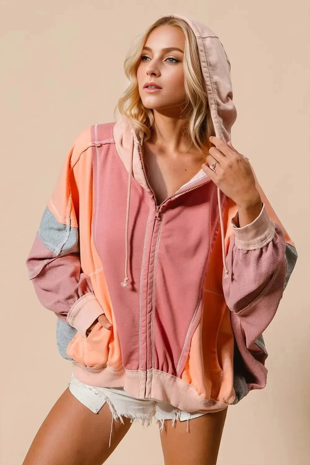 Double Take Full Size Color Block Zip Up Hoodie - VILLA FASHION