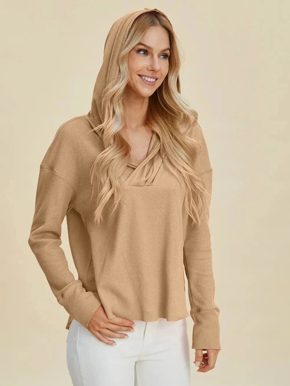 Double Take Full Size High - Low Dropped Shoulder Long Sleeve Hoodie - VILLA FASHION