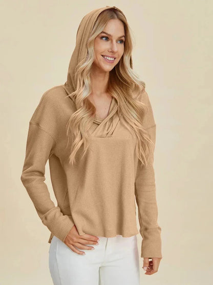 Double Take Full Size High - Low Dropped Shoulder Long Sleeve Hoodie - VILLA FASHION