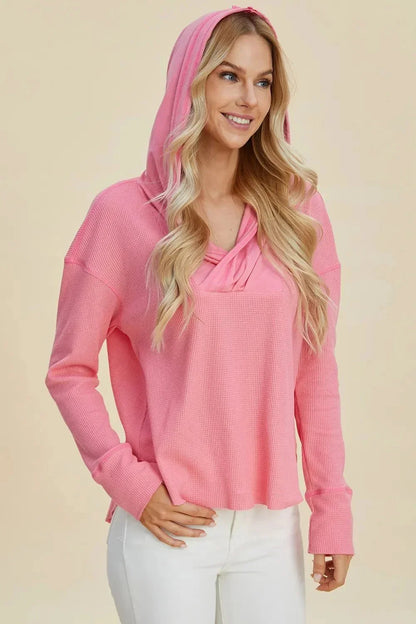 Double Take Full Size High - Low Dropped Shoulder Long Sleeve Hoodie - VILLA FASHION