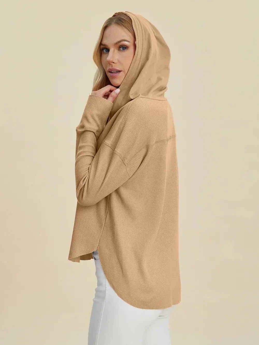 Double Take Full Size High - Low Dropped Shoulder Long Sleeve Hoodie - VILLA FASHION