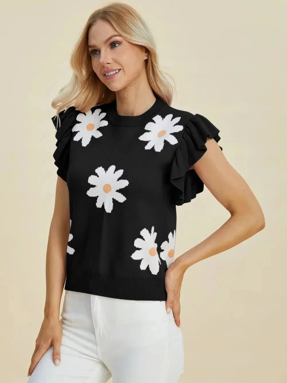 Double Take Full Size Ruffled Flower Round Neck Cap Sleeve Sweater - VILLA FASHION