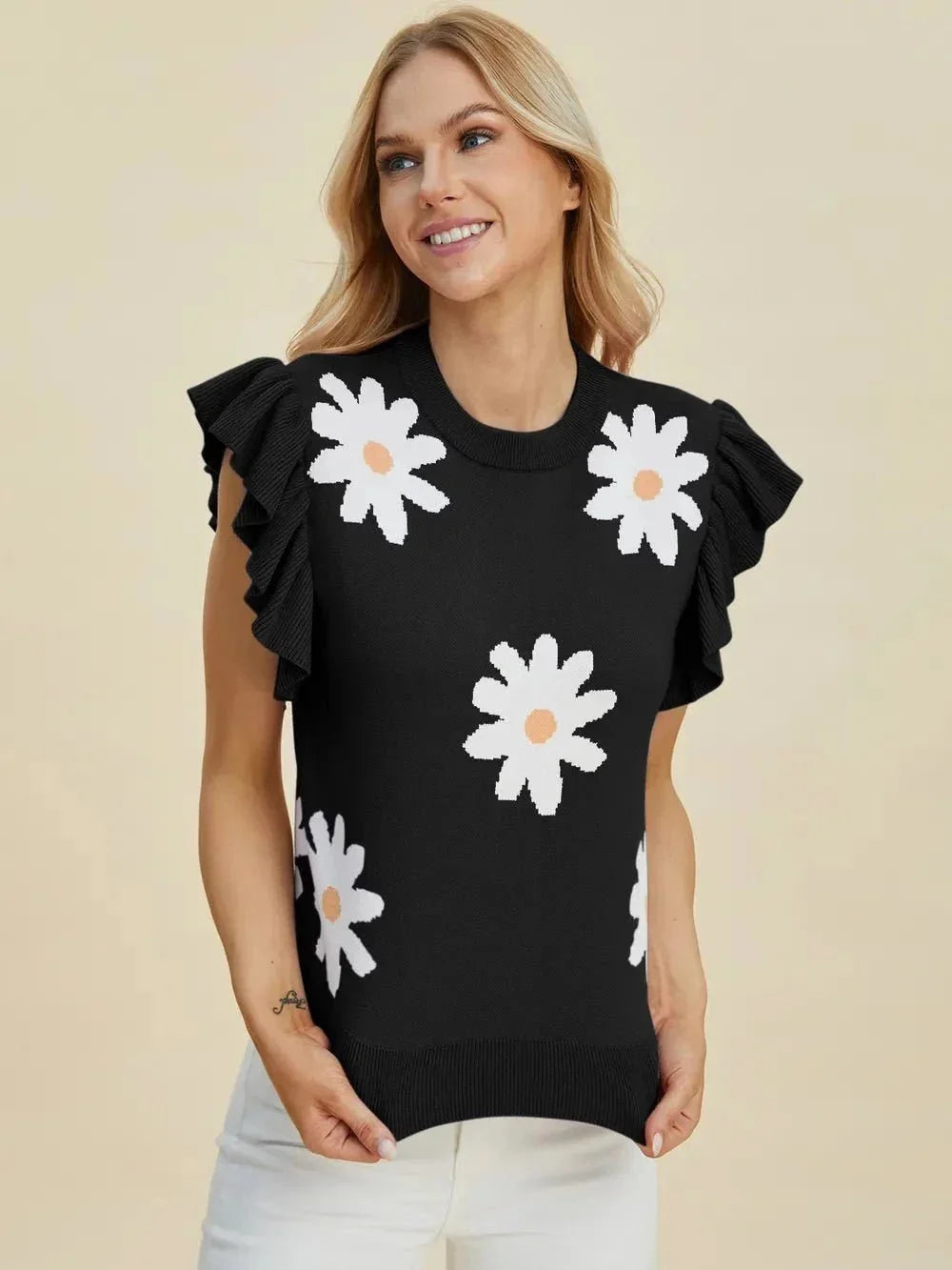 Double Take Full Size Ruffled Flower Round Neck Cap Sleeve Sweater - VILLA FASHION
