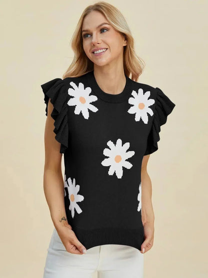 Double Take Full Size Ruffled Flower Round Neck Cap Sleeve Sweater - VILLA FASHION