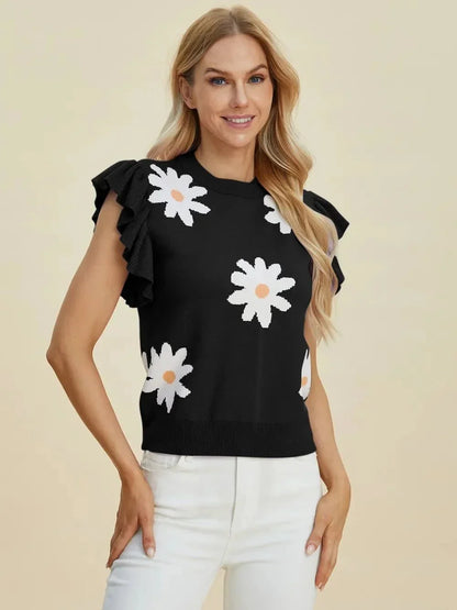 Double Take Full Size Ruffled Flower Round Neck Cap Sleeve Sweater - VILLA FASHION