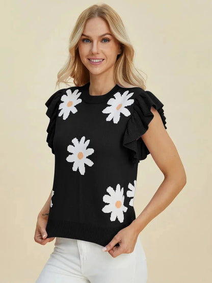 Double Take Full Size Ruffled Flower Round Neck Cap Sleeve Sweater - VILLA FASHION