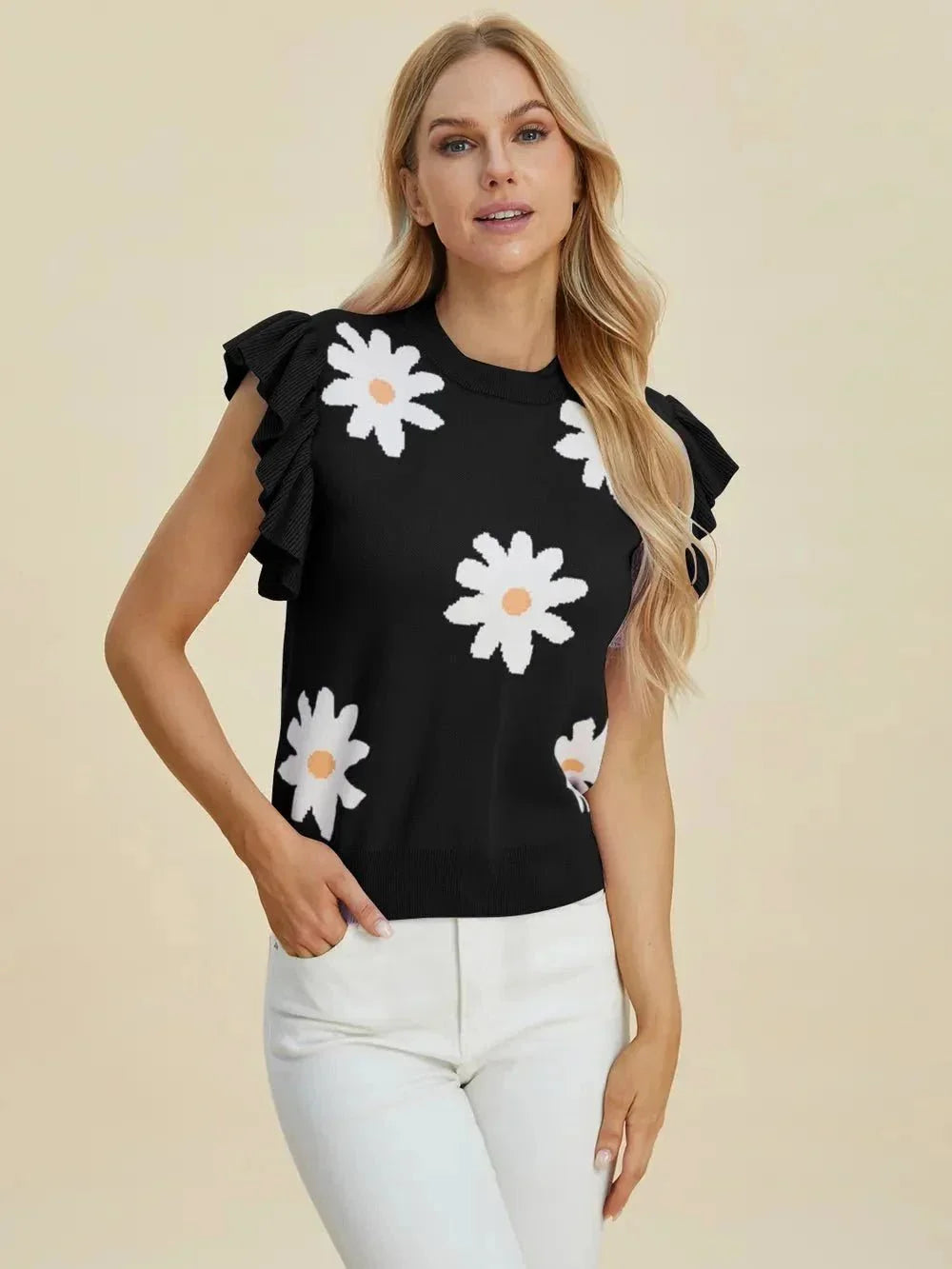 Double Take Full Size Ruffled Flower Round Neck Cap Sleeve Sweater - VILLA FASHION