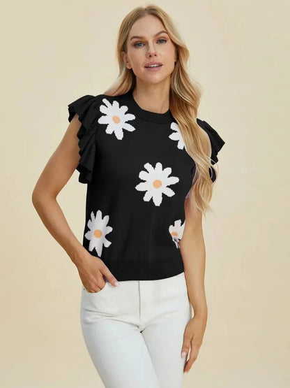 Double Take Full Size Ruffled Flower Round Neck Cap Sleeve Sweater - VILLA FASHION