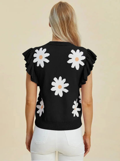 Double Take Full Size Ruffled Flower Round Neck Cap Sleeve Sweater - VILLA FASHION