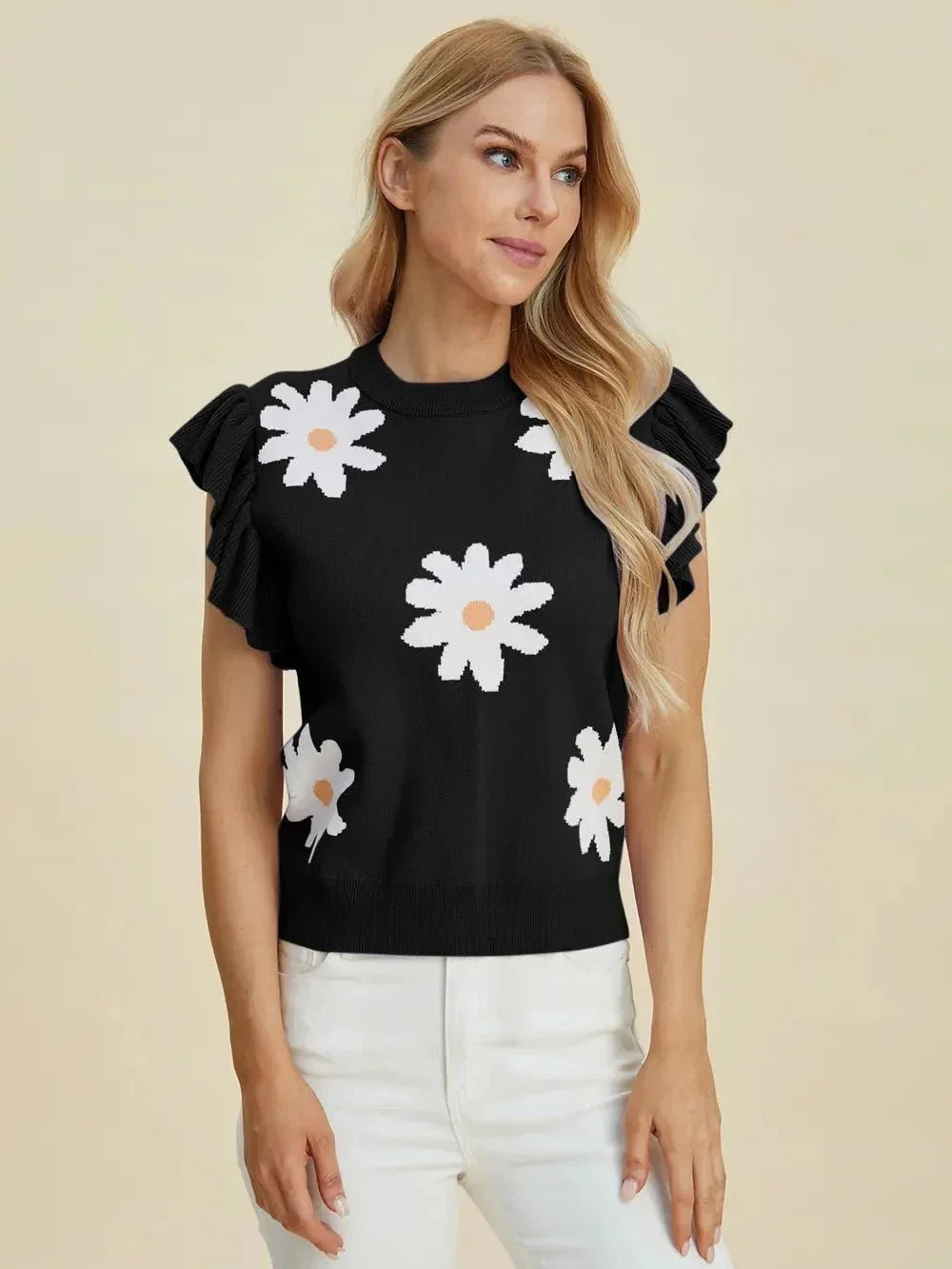 Double Take Full Size Ruffled Flower Round Neck Cap Sleeve Sweater - VILLA FASHION