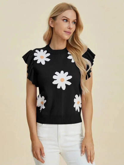Double Take Full Size Ruffled Flower Round Neck Cap Sleeve Sweater - VILLA FASHION
