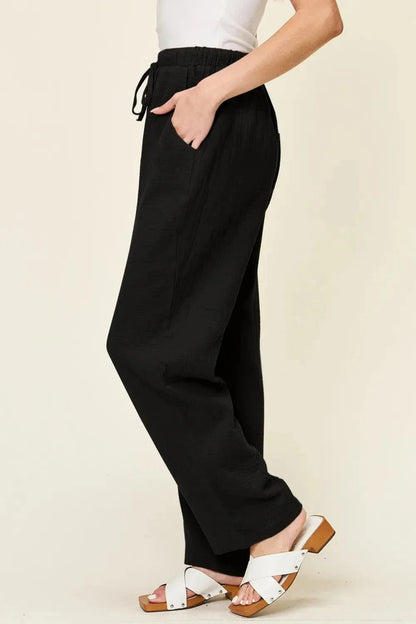 Double Take Full Size Texture Drawstring Straight Pants - VILLA FASHION