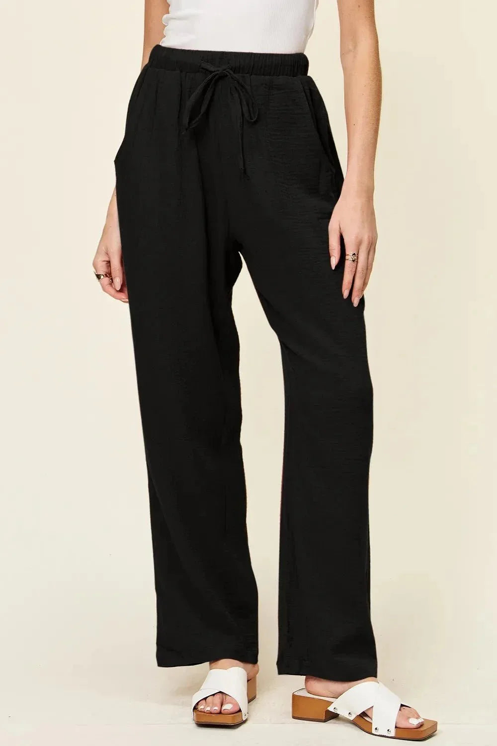 Double Take Full Size Texture Drawstring Straight Pants - VILLA FASHION