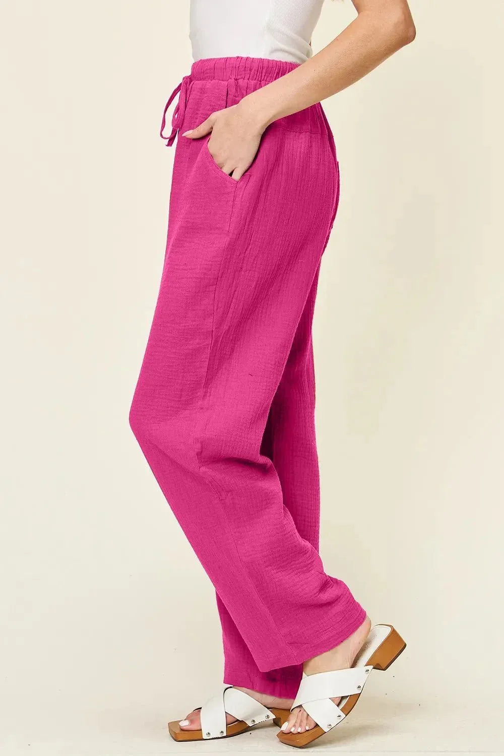 Double Take Full Size Texture Drawstring Straight Pants - VILLA FASHION