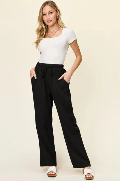 Double Take Full Size Texture Drawstring Straight Pants - VILLA FASHION