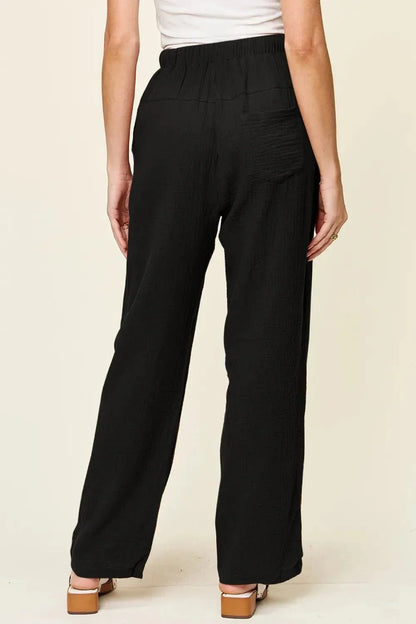 Double Take Full Size Texture Drawstring Straight Pants - VILLA FASHION
