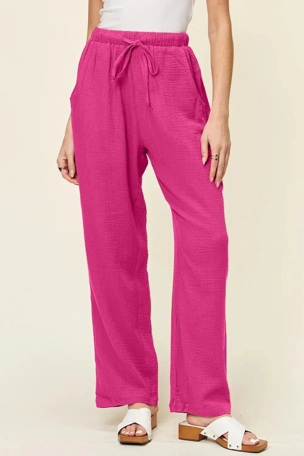 Double Take Full Size Texture Drawstring Straight Pants - VILLA FASHION