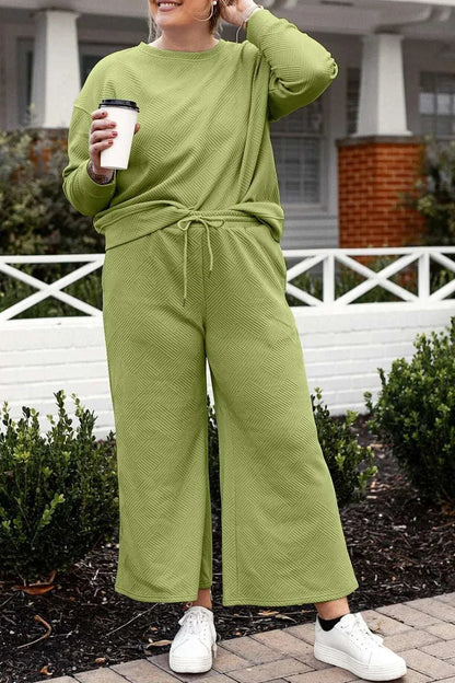 Double Take Full Size Textured Long Sleeve Top and Drawstring Pants Set - VILLA FASHION