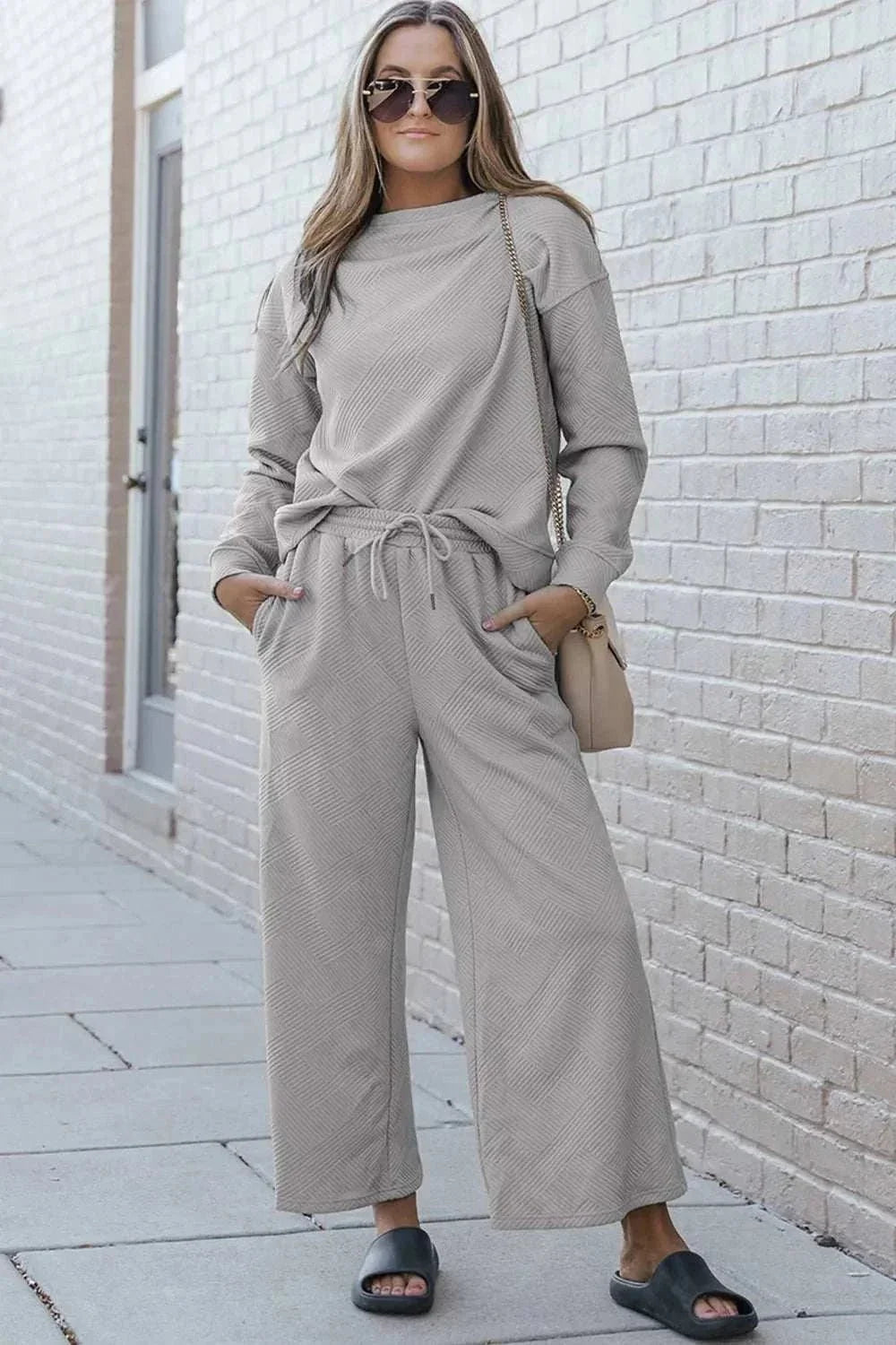 Double Take Full Size Textured Long Sleeve Top and Drawstring Pants Set - VILLA FASHION