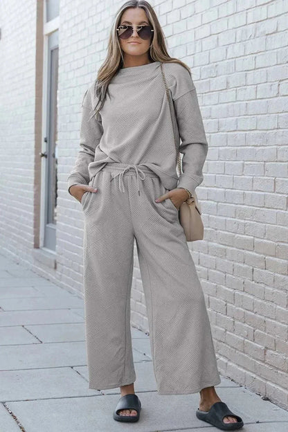 Double Take Full Size Textured Long Sleeve Top and Drawstring Pants Set - VILLA FASHION