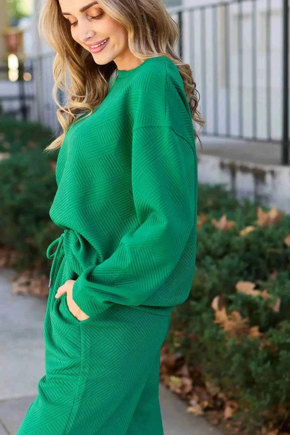 Double Take Full Size Textured Long Sleeve Top and Drawstring Pants Set - VILLA FASHION