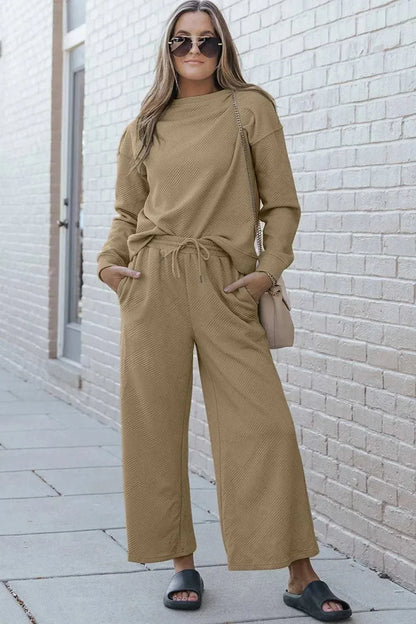 Double Take Full Size Textured Long Sleeve Top and Drawstring Pants Set - VILLA FASHION