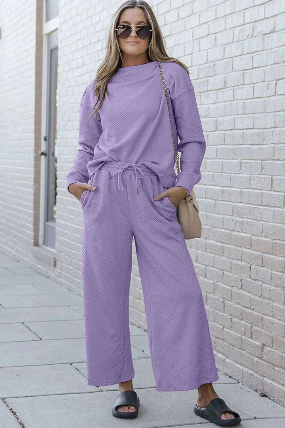 Double Take Full Size Textured Long Sleeve Top and Drawstring Pants Set - VILLA FASHION