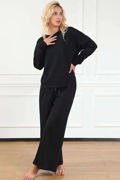 Double Take Full Size Textured Long Sleeve Top and Drawstring Pants Set - VILLA FASHION
