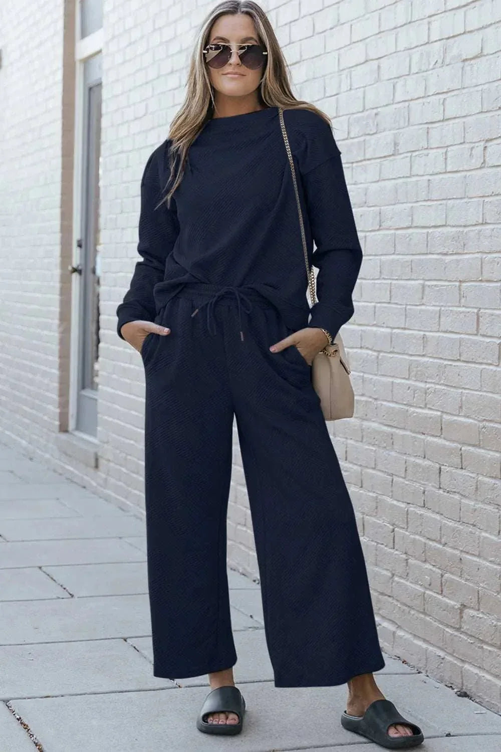 Double Take Full Size Textured Long Sleeve Top and Drawstring Pants Set - VILLA FASHION