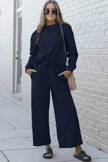 Double Take Full Size Textured Long Sleeve Top and Drawstring Pants Set - VILLA FASHION