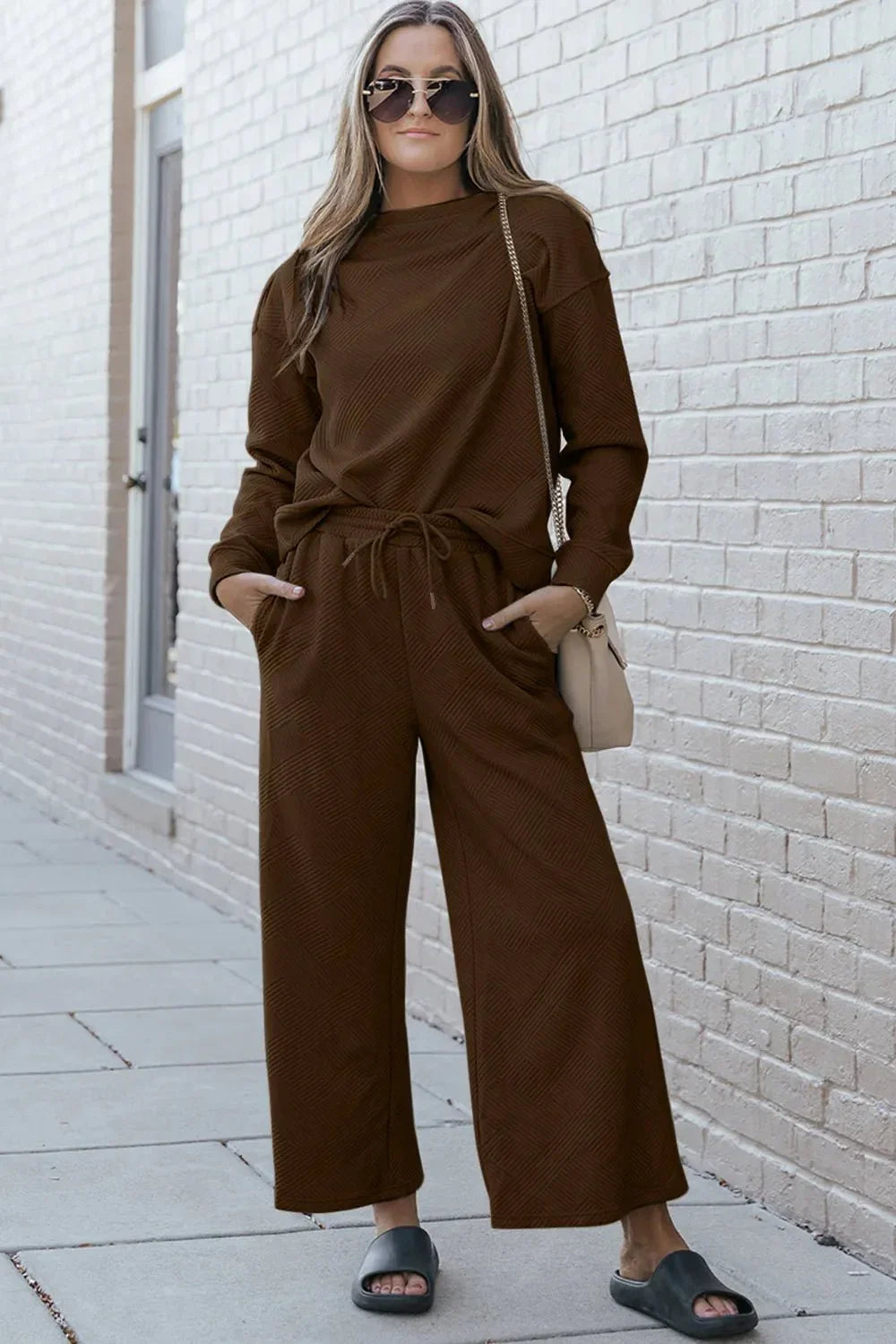 Double Take Full Size Textured Long Sleeve Top and Drawstring Pants Set - VILLA FASHION