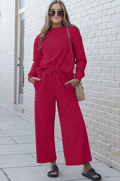 Double Take Full Size Textured Long Sleeve Top and Drawstring Pants Set - VILLA FASHION