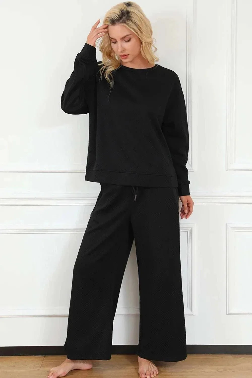 Double Take Full Size Textured Long Sleeve Top and Drawstring Pants Set - VILLA FASHION