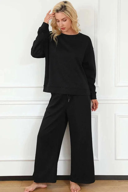 Double Take Full Size Textured Long Sleeve Top and Drawstring Pants Set - VILLA FASHION