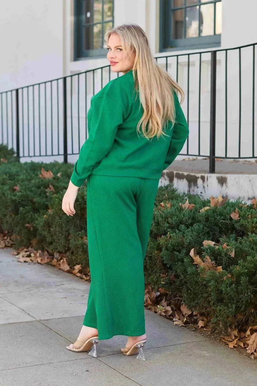 Double Take Full Size Textured Long Sleeve Top and Drawstring Pants Set - VILLA FASHION