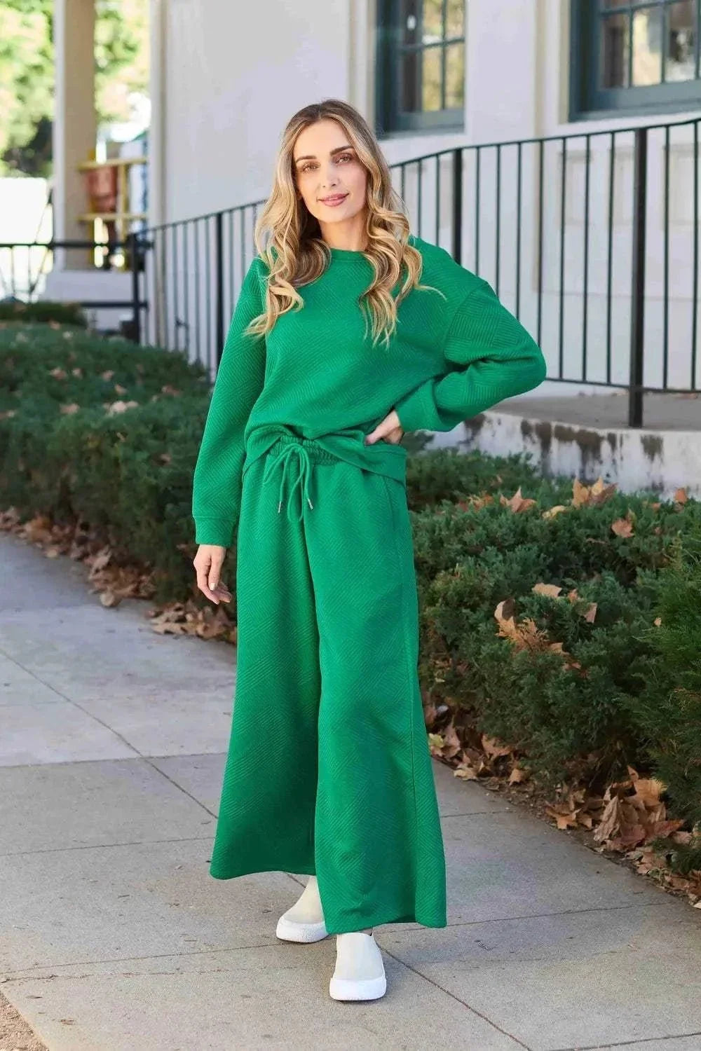 Double Take Full Size Textured Long Sleeve Top and Drawstring Pants Set - VILLA FASHION