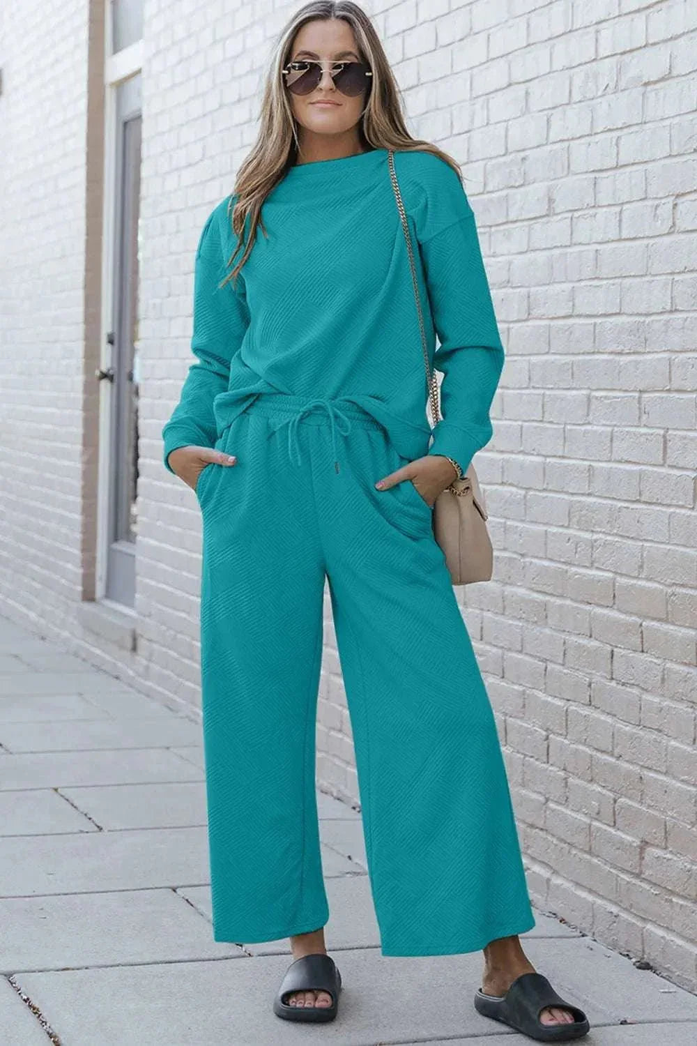 Double Take Full Size Textured Long Sleeve Top and Drawstring Pants Set - VILLA FASHION