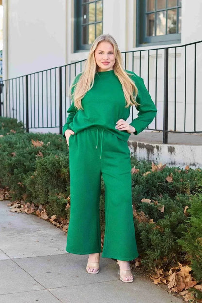 Double Take Full Size Textured Long Sleeve Top and Drawstring Pants Set - VILLA FASHION