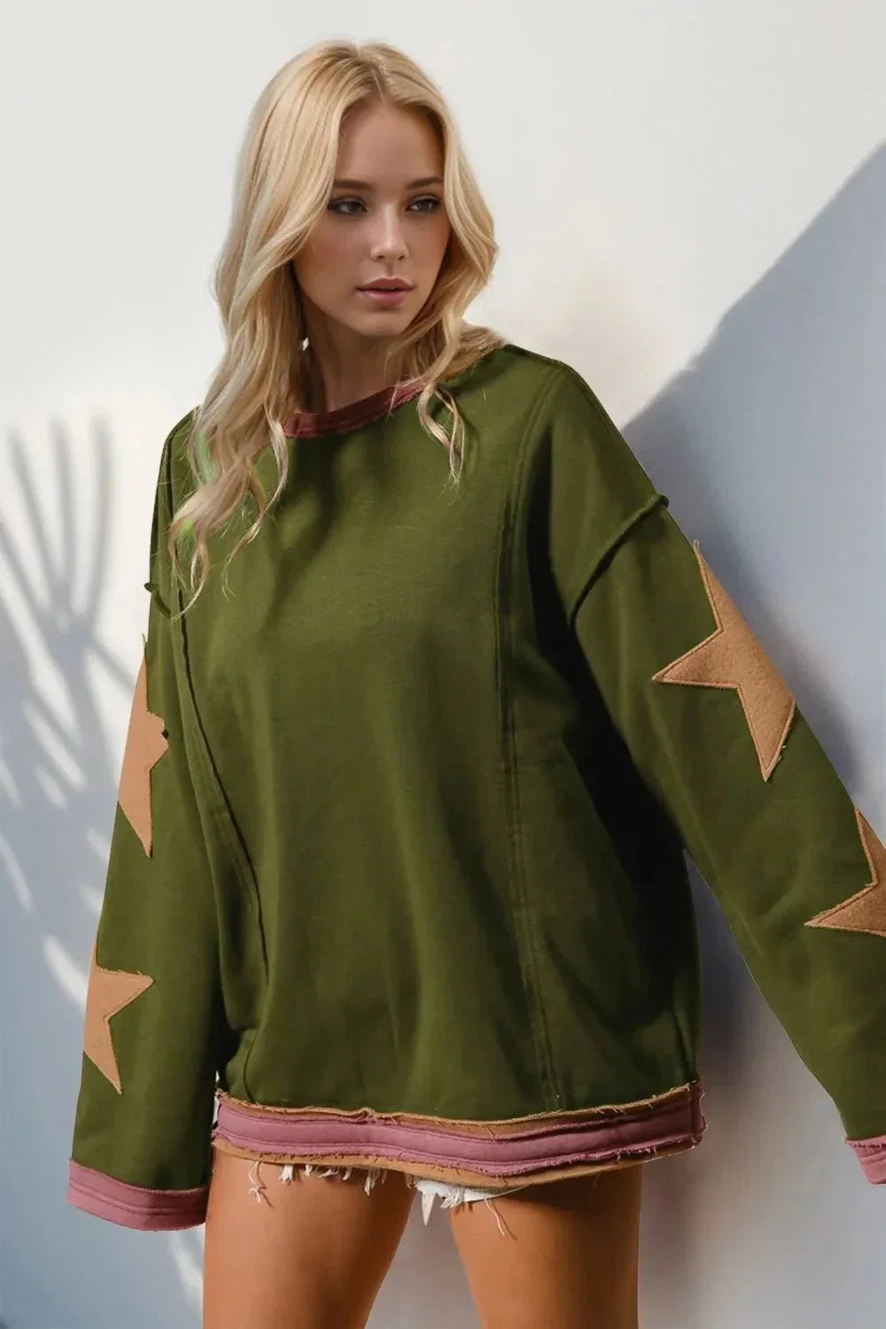 Double Take Star Patched Long Sleeve Sweatshirt - VILLA FASHION