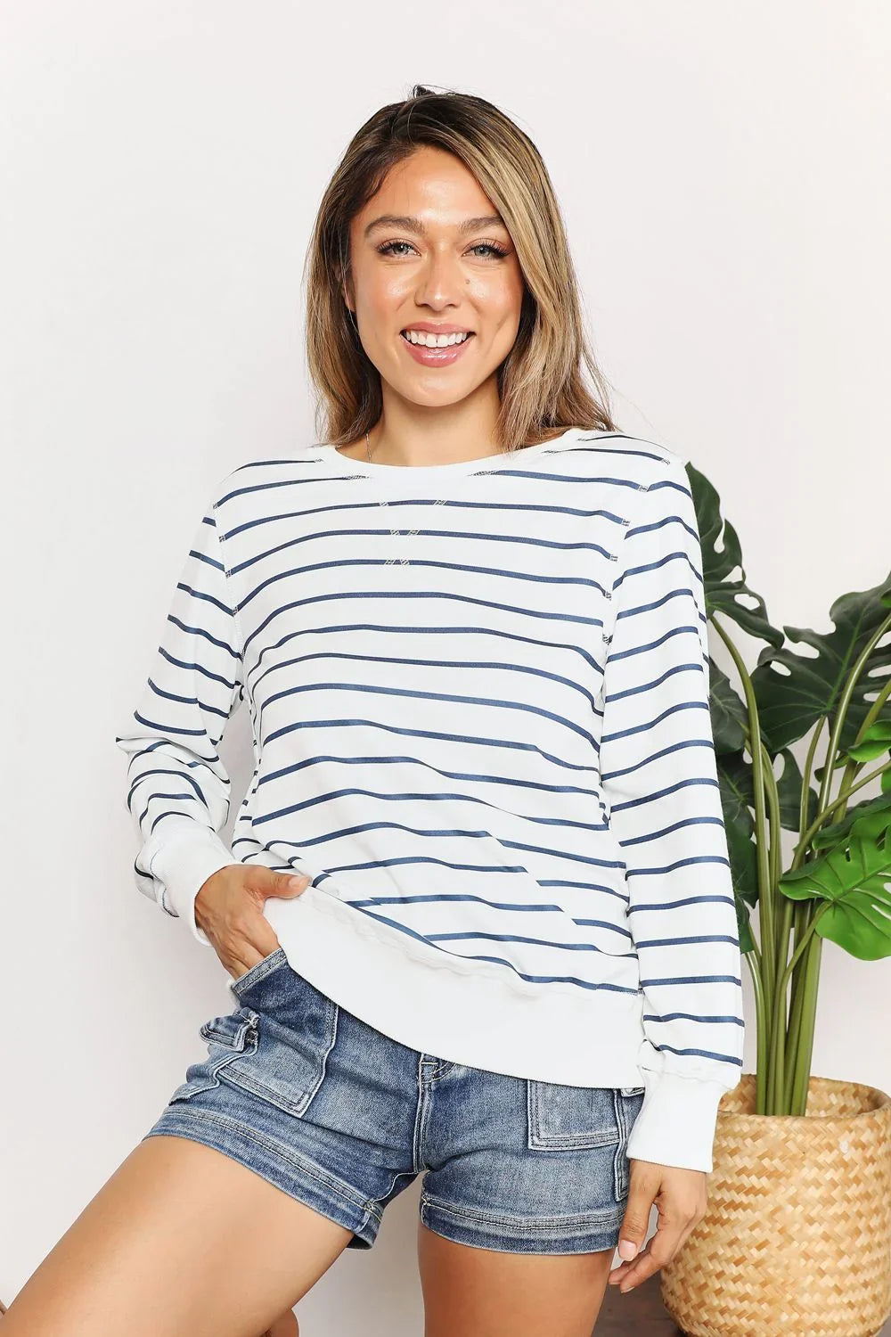 Double Take Striped Long Sleeve Round Neck Top - VILLA FASHION