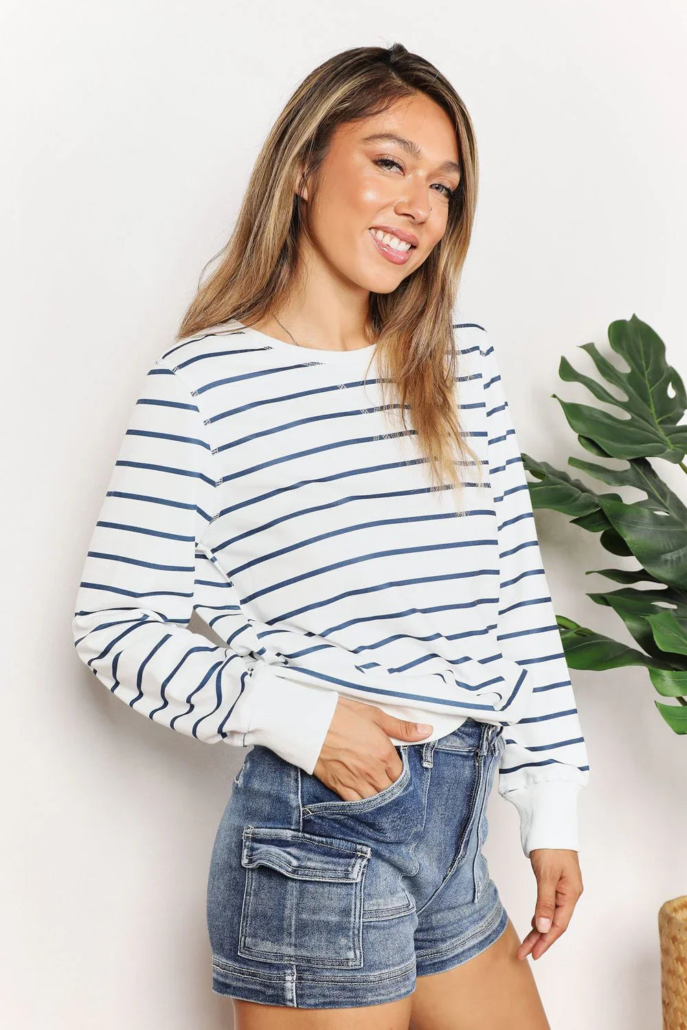 Double Take Striped Long Sleeve Round Neck Top - VILLA FASHION