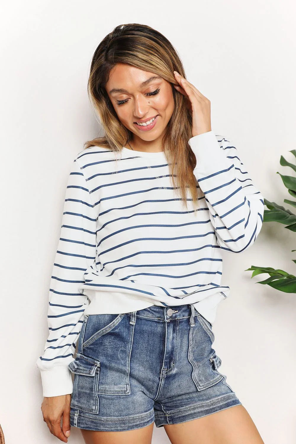 Double Take Striped Long Sleeve Round Neck Top - VILLA FASHION