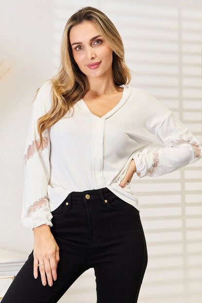 Double Take V - Neck Dropped Shoulder Blouse - VILLA FASHION