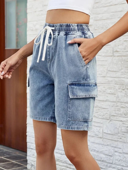 Drawstring Denim Shorts with Pockets - VILLA FASHION