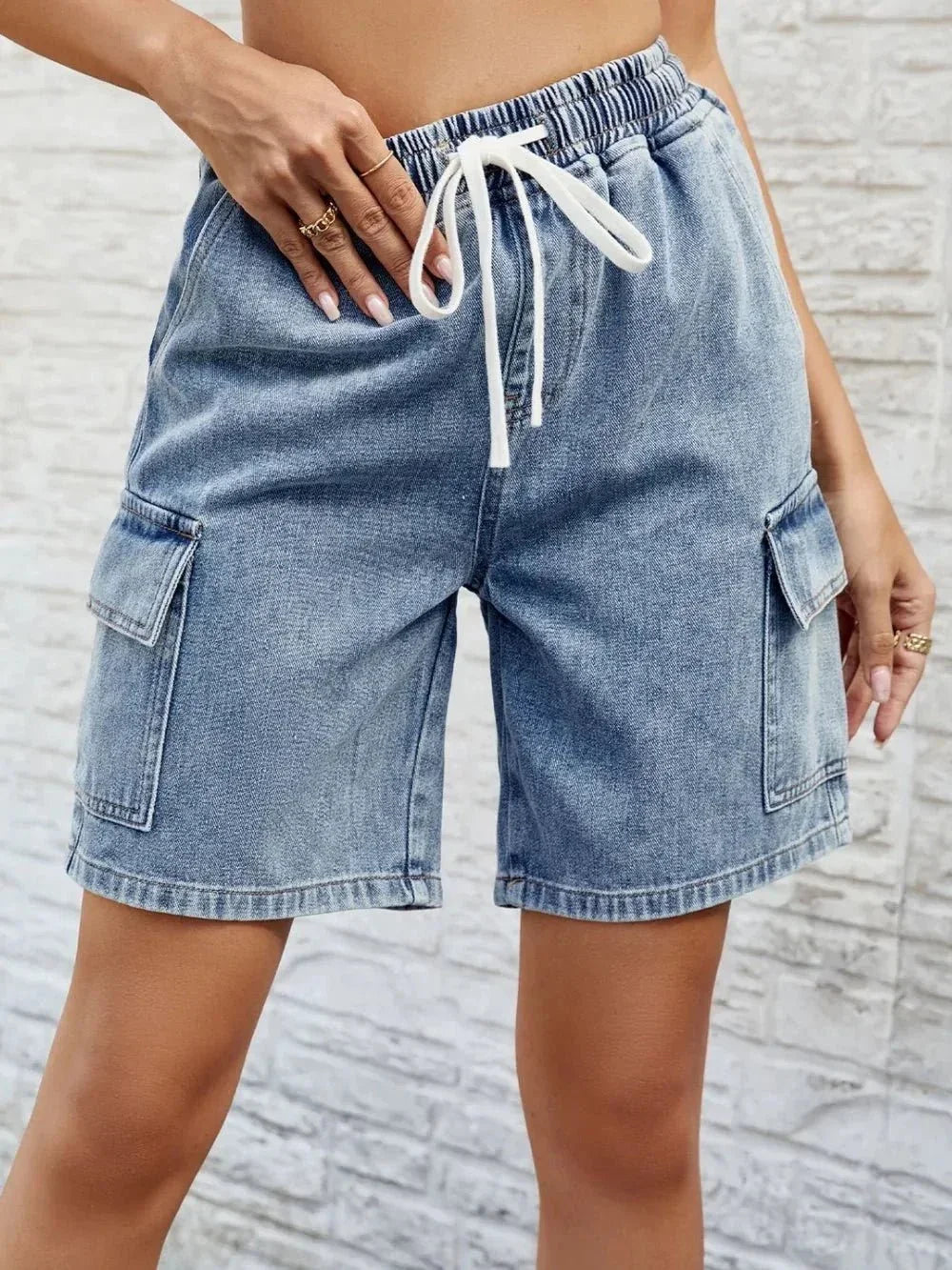 Drawstring Denim Shorts with Pockets - VILLA FASHION
