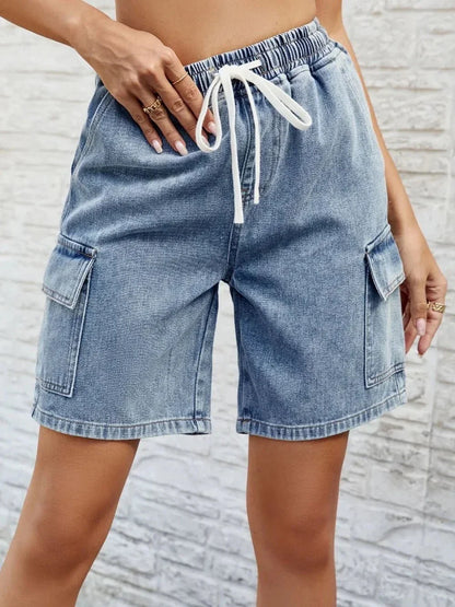 Drawstring Denim Shorts with Pockets - VILLA FASHION