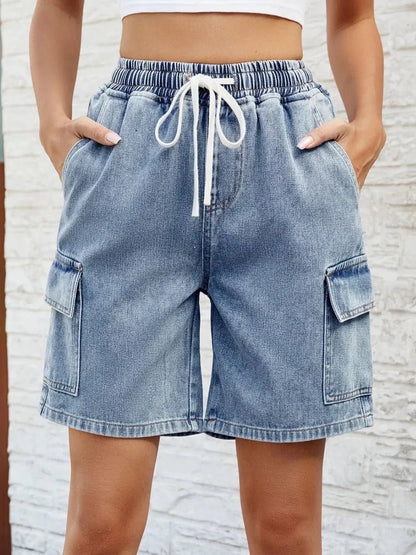 Drawstring Denim Shorts with Pockets - VILLA FASHION